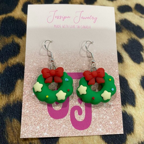 Christmas Wreath Silver Earrings - Picture 1 of 1